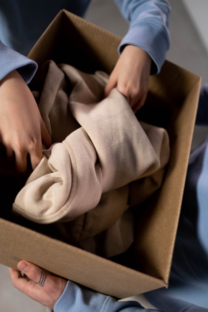 Mastering the First Impression: Your intriguing post title goes here Close-up of hands sorting clothes into a cardboard box for charity donations.